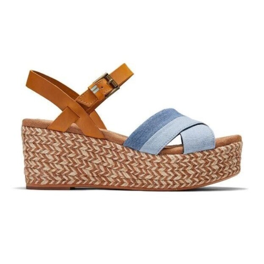 Toms Sandals Blue Willow Leather Platform Wedge Shoes Suede Womens Size 9.5 W